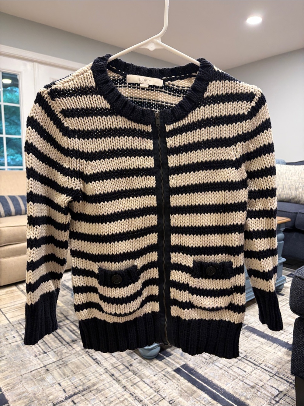LOFT Black & Cream Striped Zip-Front Cardigan